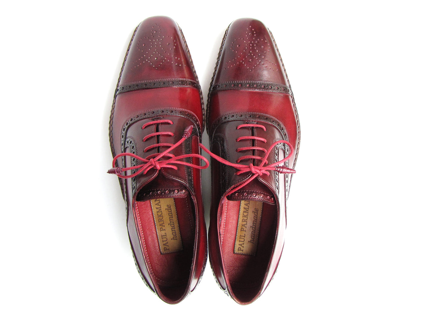 Paul Parkman Handsewn Captoe Oxfords Red Bordeaux (5032-BRD): men's burgundy and dark brown brogue oxfords in hand-painted leather with brogue detailing and pink laces, shown on a white background.