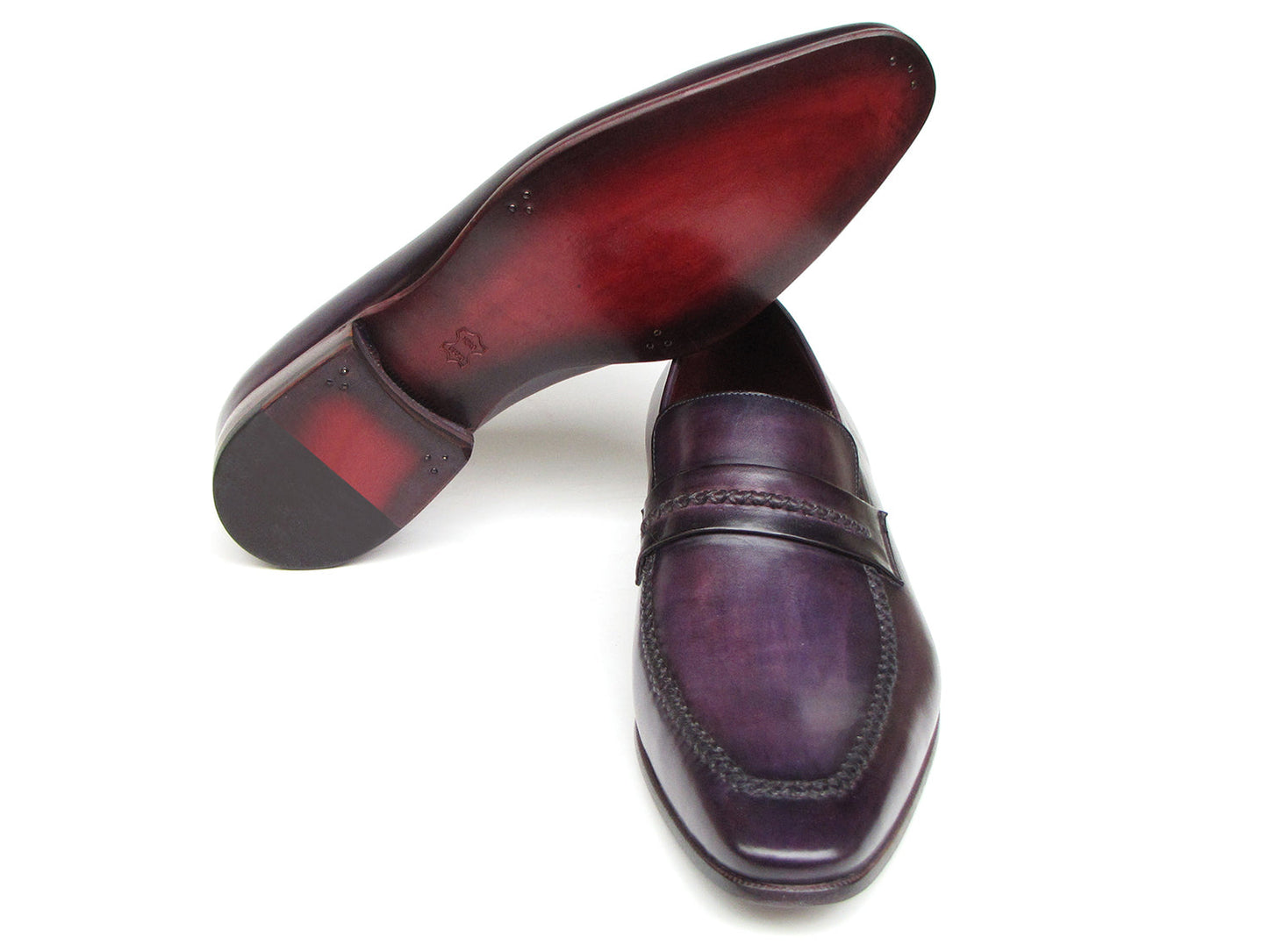 Paul Parkman presents the Purple Loafers Handmade Slip-On Shoes (model 068-PURP), featuring polished purple leather with braided detailing and low heels, expertly crafted as made-to-order men's slip-on shoes.