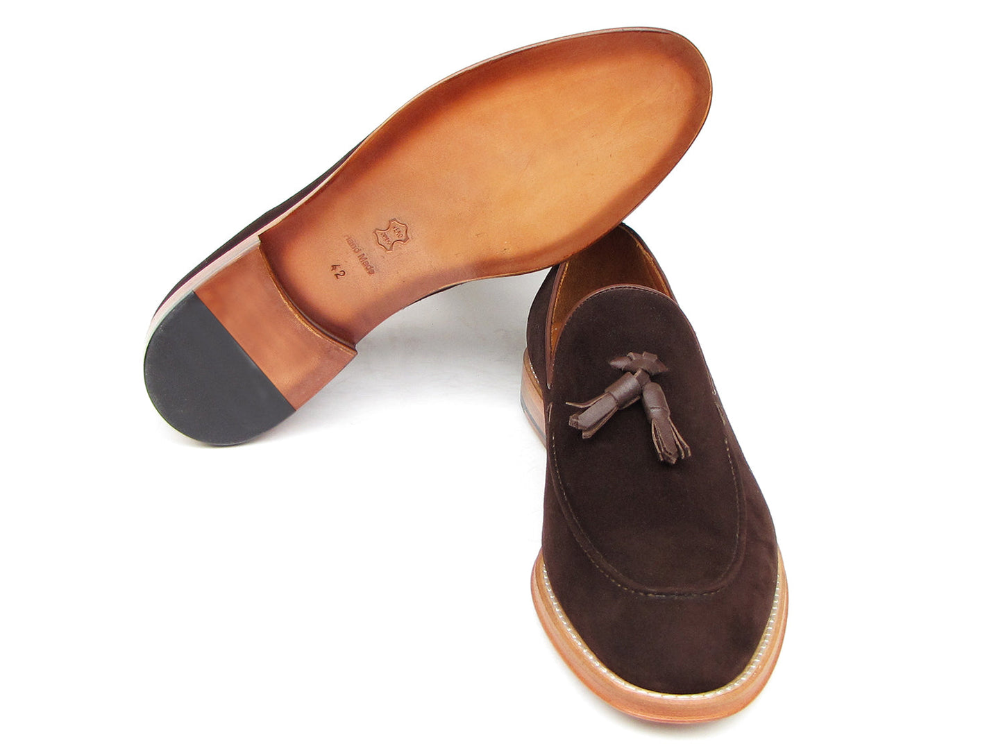 Paul Parkman Tassel Loafer Brown Suede Shoes - 087-BRW for men, featuring brown suede uppers with tassels and light brown soles; one shoe is upright while the other lies on its side.
