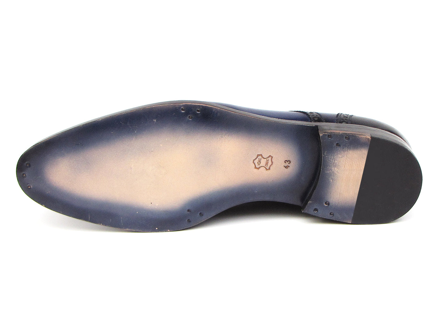 Paul Parkman Parliament Blue Derby Shoes - 046-BLU: Men's lace-up shoes in blue and black Italian calfskin, hand-painted with classic brogue detailing and Paul Parkman branding inside.