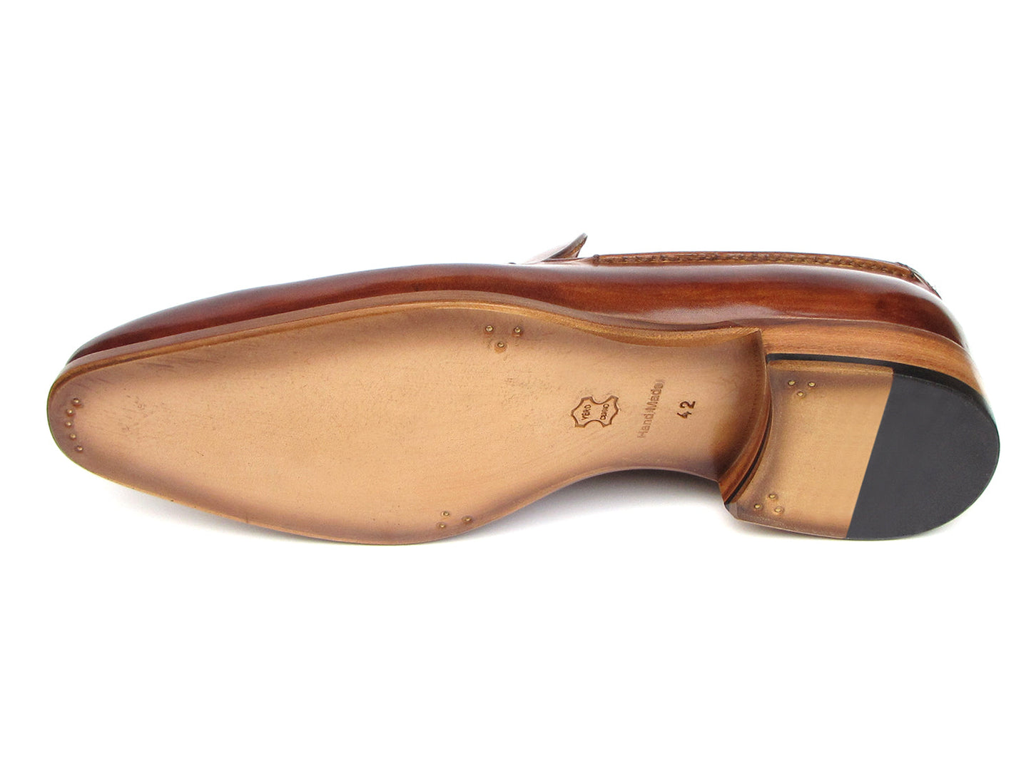 The Paul Parkman Tassel Loafer Camel & Brown Hand-Painted - 083-CML features a polished finish, low heel, and elegant hand-painted leather—shown from a slightly angled side view—making it a sophisticated men's shoe choice.