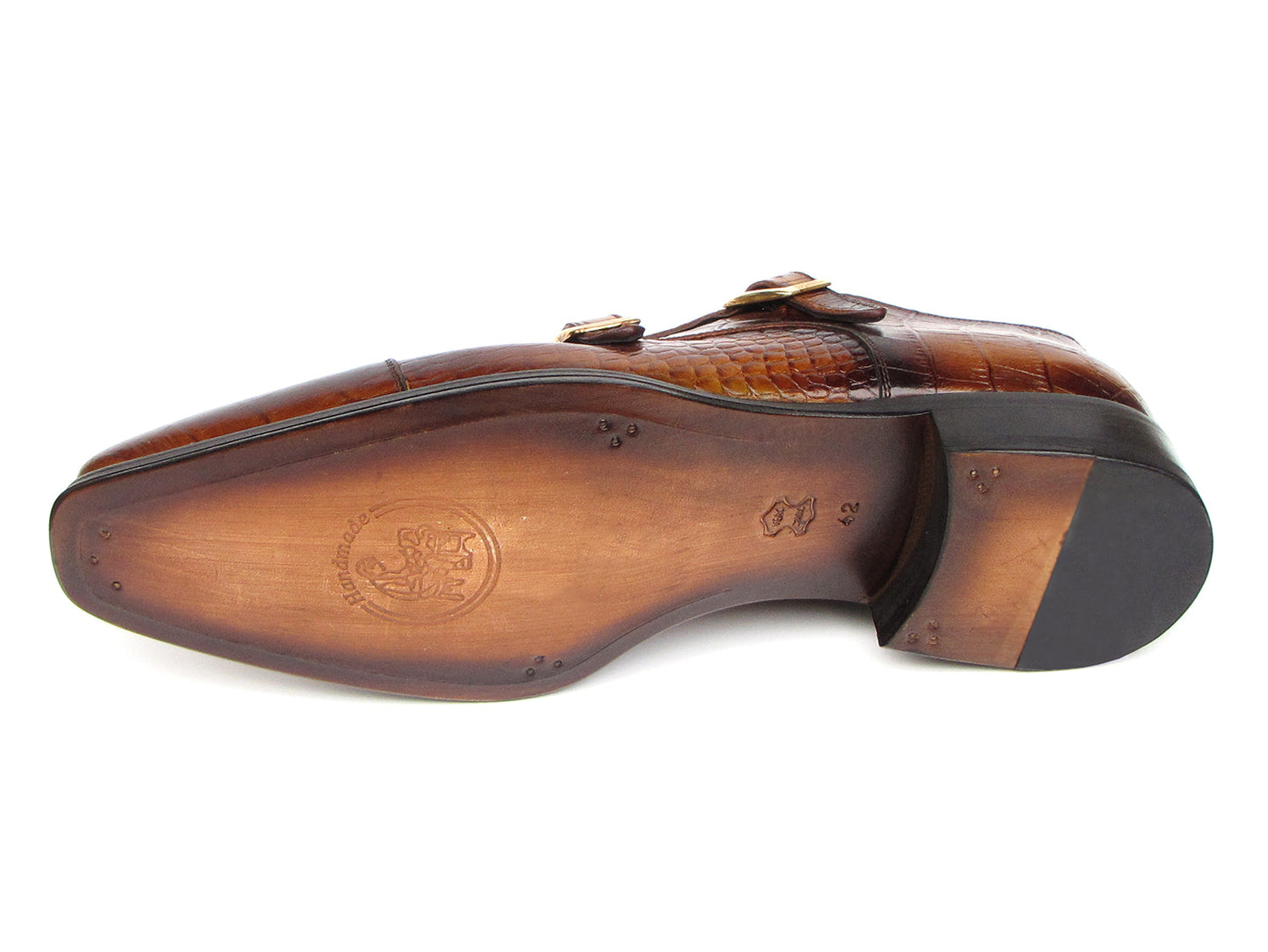 The Paul Parkman Brown Crocodile Embossed Calfskin Double Monkstrap - 045-APR-BRW by Paul Parkman showcases meticulous craftsmanship with its luxurious, alligator-textured leather and two refined brass buckles.