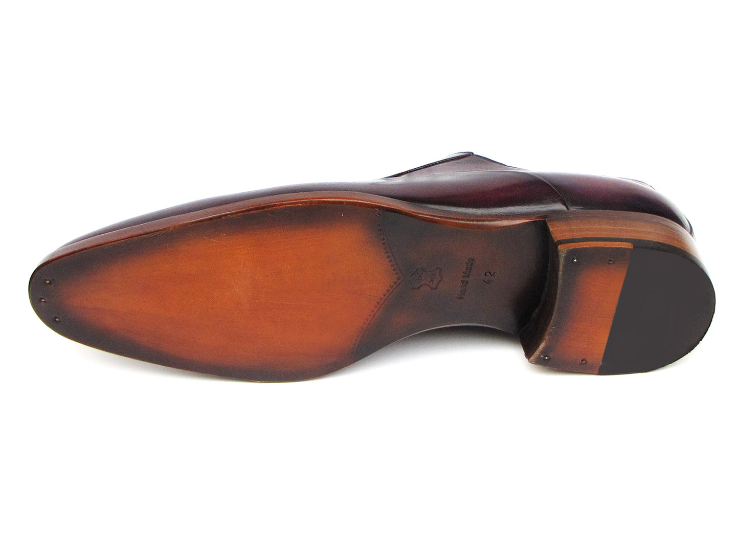 A single Paul Parkman Plain Toe Oxfords Purple Shoe for men, handmade with a sleek design, red interior lining, and brown wooden heel, viewed from an angle.