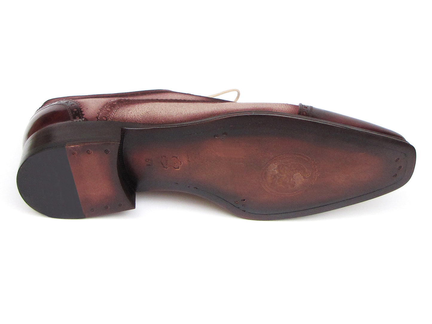 The Paul Parkman Captoe Oxfords Bordeaux Beige - 024-BRR are men's Oxford shoes in burgundy and beige Italian calfskin suede, featuring brogue detailing, a cap toe, and beige laces—elegance from Paul Parkman for any occasion.