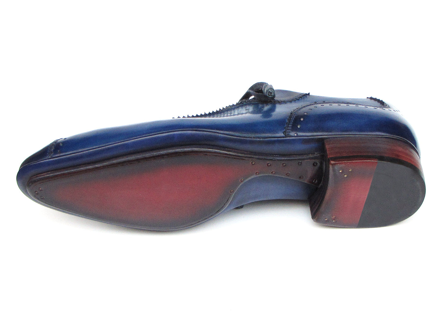 Paul Parkman Handmade Lace-Up Casual Shoes Blue - 84654-BLU: Elegant blue oxfords with brogue detailing, dark laces, and wooden heels, crafted from hand-painted Italian calfskin leather.