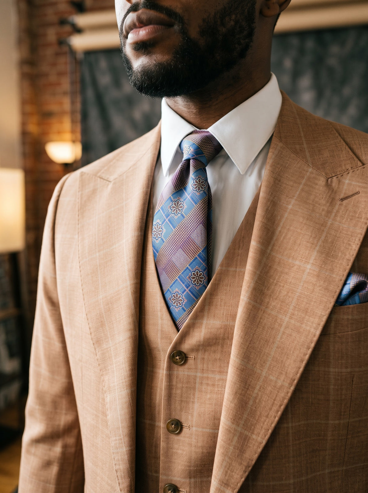A man wearing a Tiglio Rosso Bardolino Semi Wide Leg TL26088 light rust windowpane three-piece suit, a white dress shirt, and a patterned blue tie.