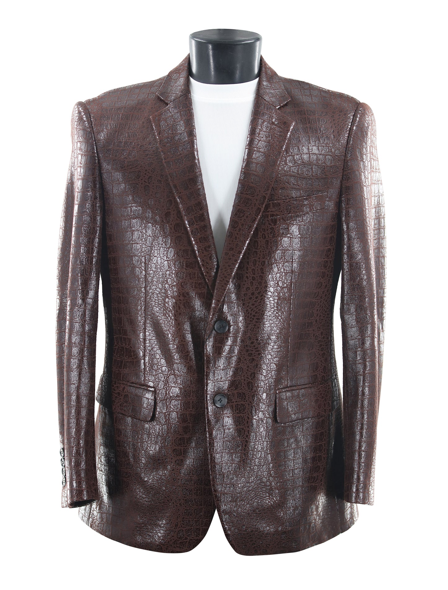 The Bassiri Blazer J1041-Brown features a brown faux crocodile skin finish, two buttons, notch lapels, and front pockets, shown on a mannequin with a white shirt.