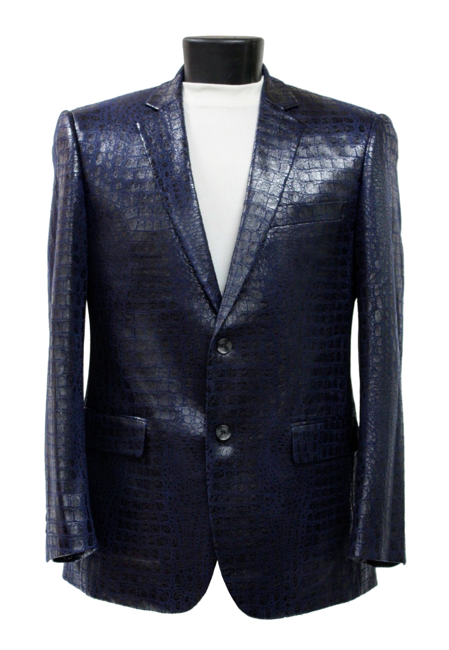 A shiny, dark blue Bassiri Blazer J1041-Navy with a crocodile pattern, shown on a black mannequin wearing a white shirt.
