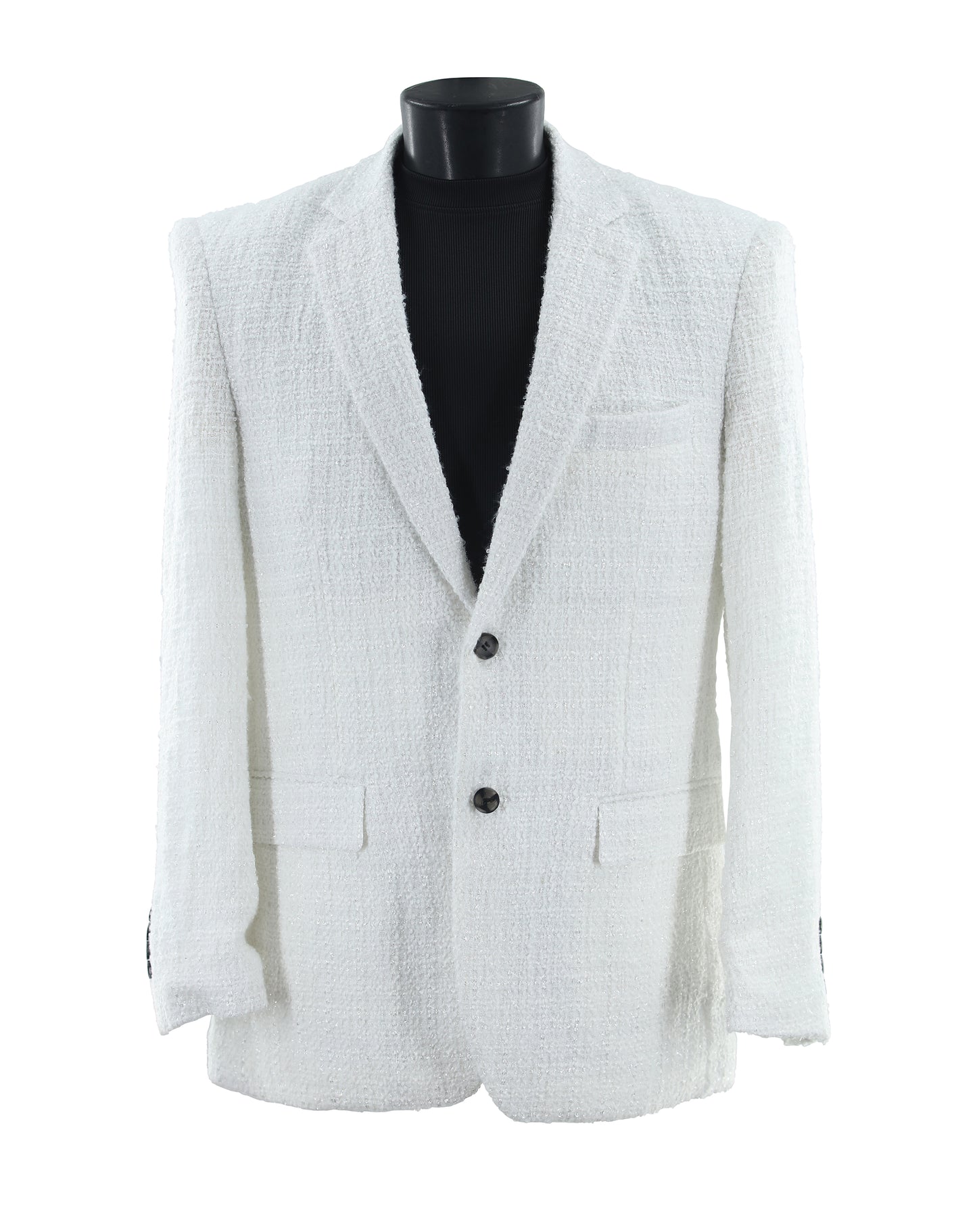 The Bassiri Blazer J1045-White by Bassiri features a textured white fabric, two buttons, notched lapels, and front flap pockets, shown on a black mannequin torso.
