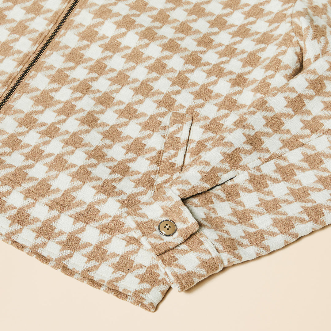 A man wearing the Inserch Wool Blend Houndstooth Full Zip Bomber Jacket (JS264B-09 Khaki), a white shirt, blue jeans, and brown shoes stands against a plain beige background.