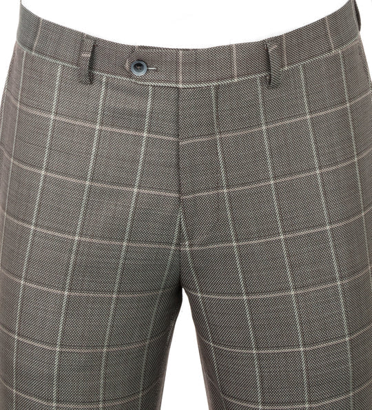 The Canaletto Porto Slim Fit Taupe Gray Windowpane Pure Wool Suit by GUABELLO Cloth (LG8878F/435/3) is shown with a black tie, white dress shirt, and black lapel pin on a headless mannequin—a modern luxury men's look.