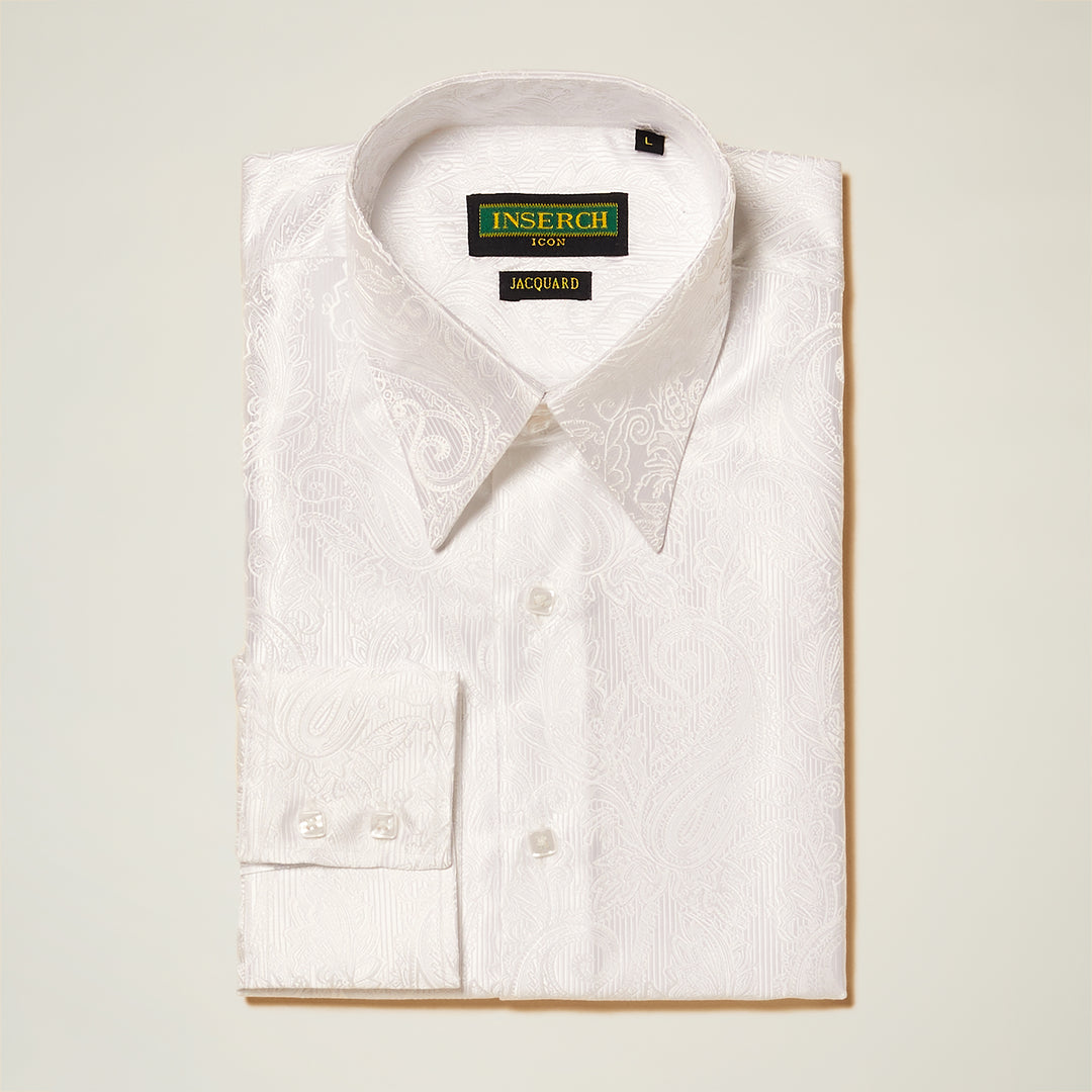 The Inserch Long Sleeve Paisley Jacquard Shirt LS005-02 in white, neatly folded with long sleeves and featuring the Inserch label, is displayed against a plain background.