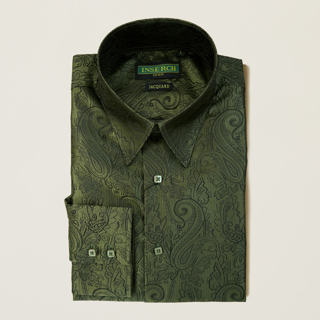The Inserch Long Sleeve Paisley Jacquard Shirt LS005-19 Olive features a spread collar, button-up front, dark green paisley pattern, and regular fit for versatile style.