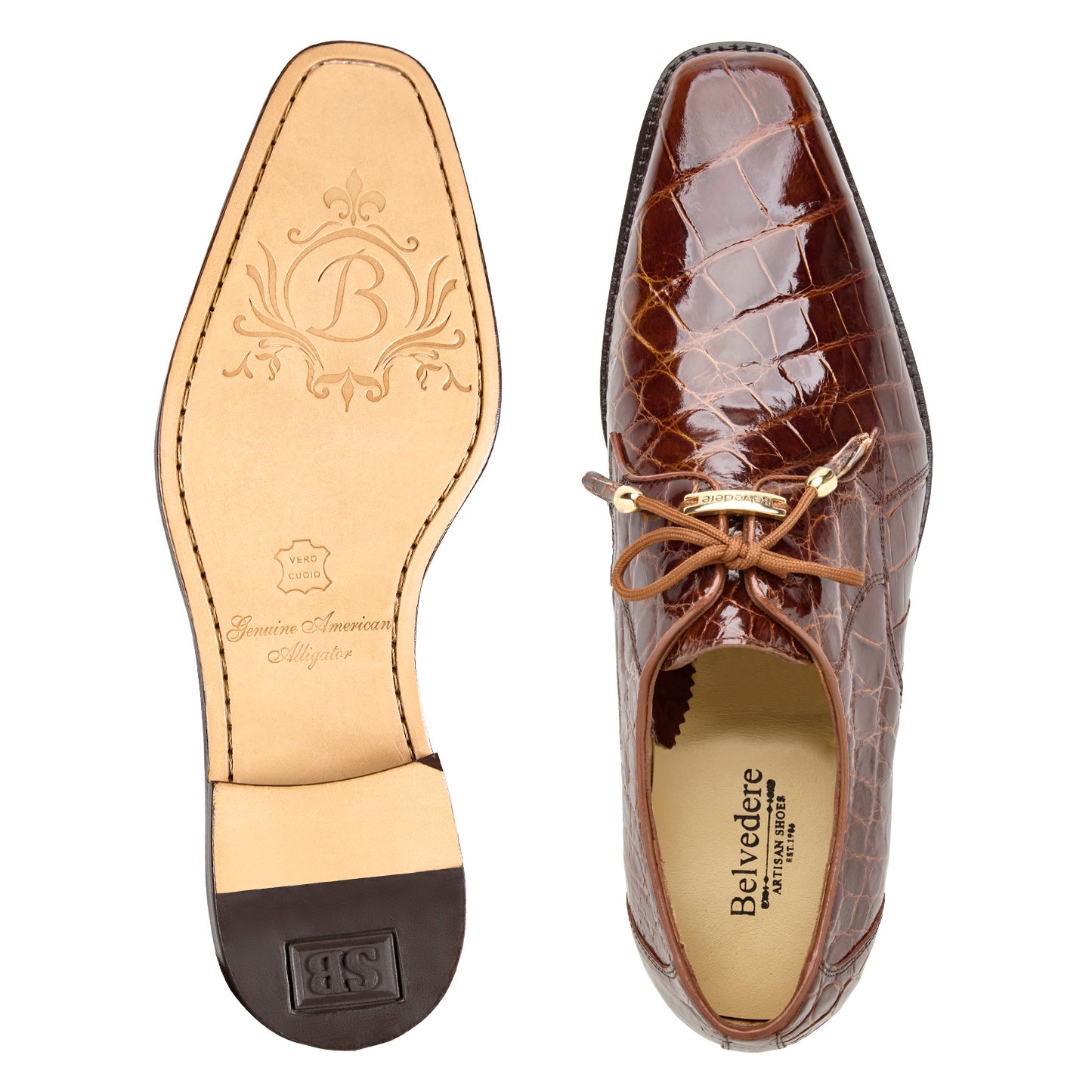 The BELVEDERE Belvedere - Lago, Genuine American Alligator Dress Shoe in Peanut (14010) is shown in profile, featuring a plain toe, leather lining, low heel, and lace-up closure on a white background.