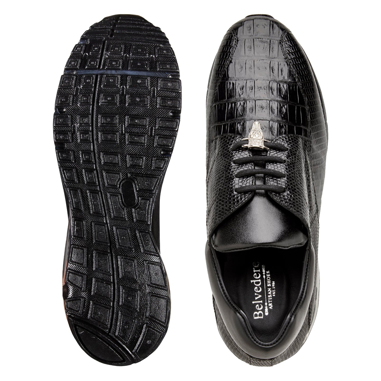 The BELVEDERE Lazaro is a black dress sneaker crafted from genuine caiman and lizard leather, featuring a textured finish and air-cushioned sole, shown in side profile against a white background.