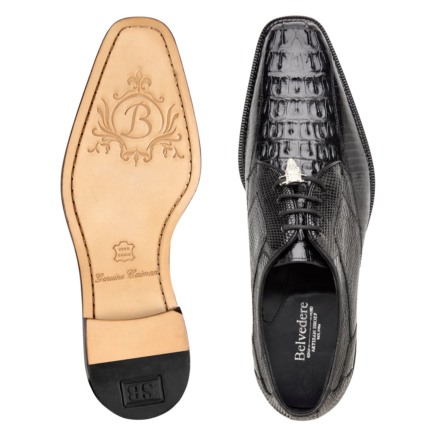 The BELVEDERE Lusso R115 is a black genuine hornback/lizard dress shoe shown in side profile against a white background, featuring a textured reptile-patterned leather upper with classic bicycle toe lace-up design.