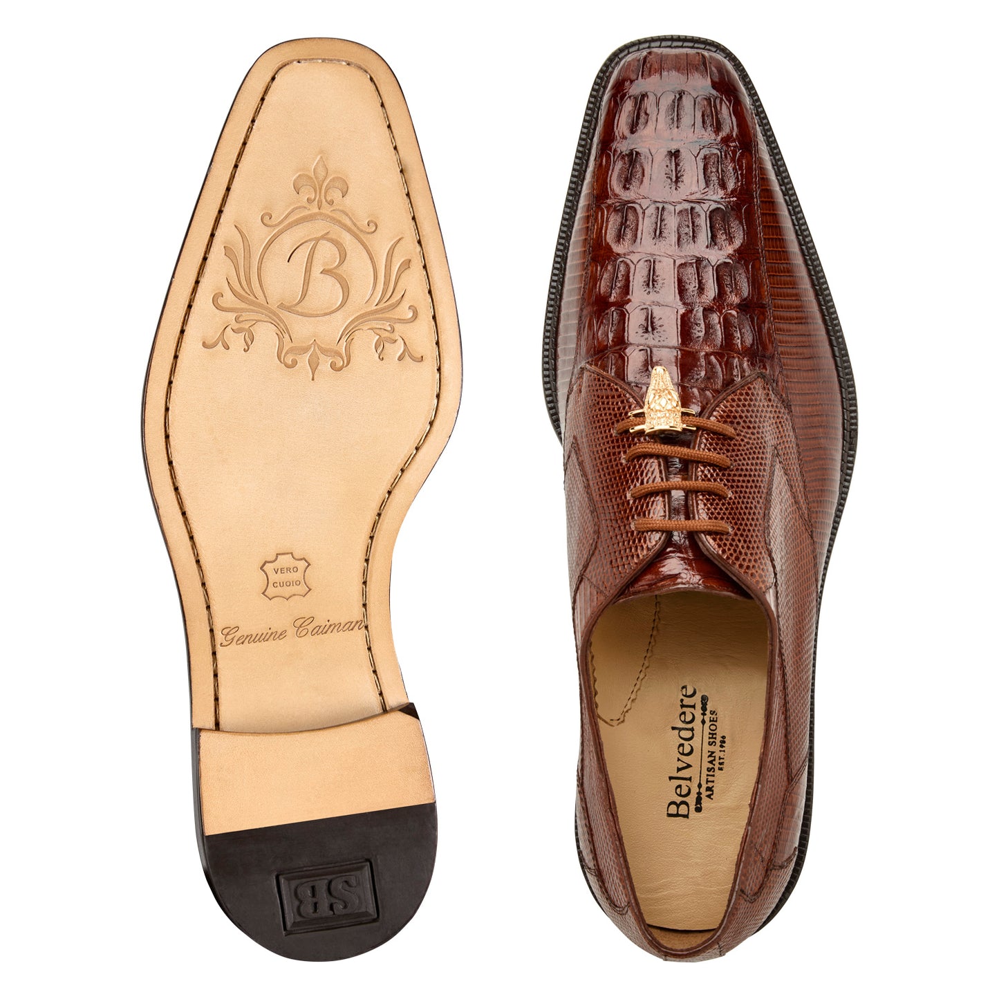 The BELVEDERE Lusso is a genuine hornback/lizard dress shoe in antique walnut, featuring a textured finish, low heel, lace-up closure, and leather lining. Shown in side profile against a white background.