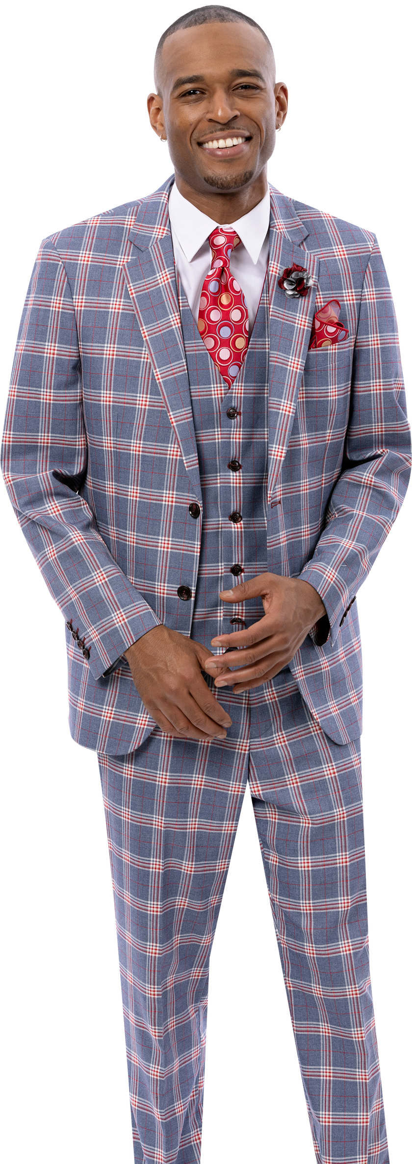 A man in the EJ Samuel Gray/Red Suit M2811 by EJ SAMUEL stands beside a woman in a gray cable-knit sweater dress. Both smile and pose for the camera, his sharp suit paired with a solid vest against a plain background.