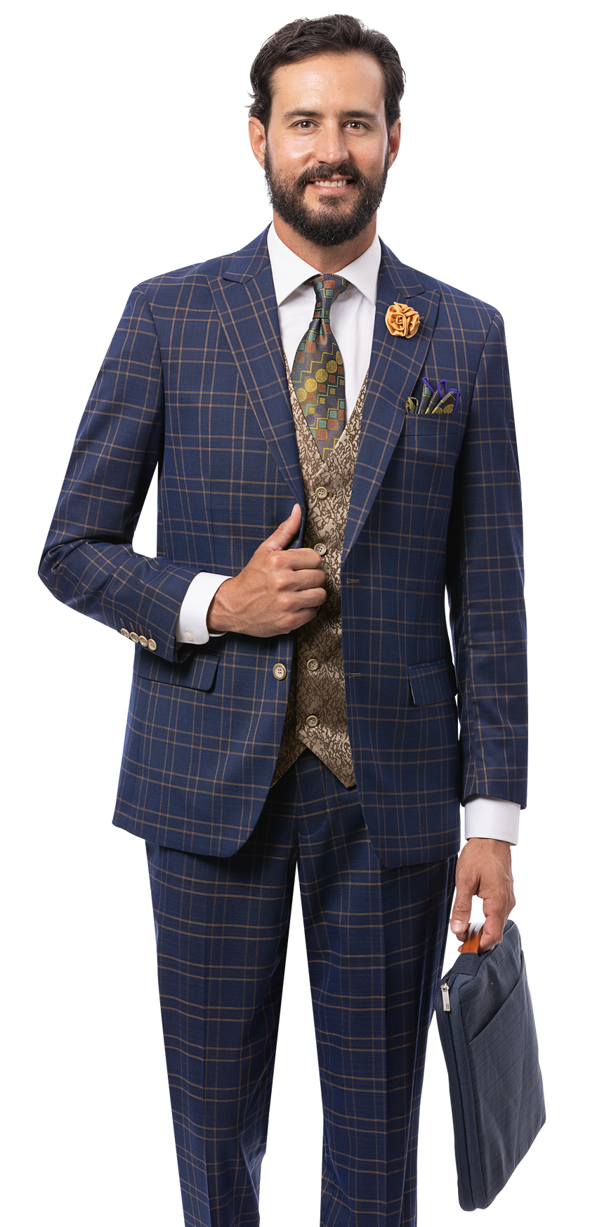 A man wearing the EJ SAMUEL Blue Suit M2815, a white shirt, patterned tie, stylish vest, and holding a blue portfolio bag stands against a plain background.