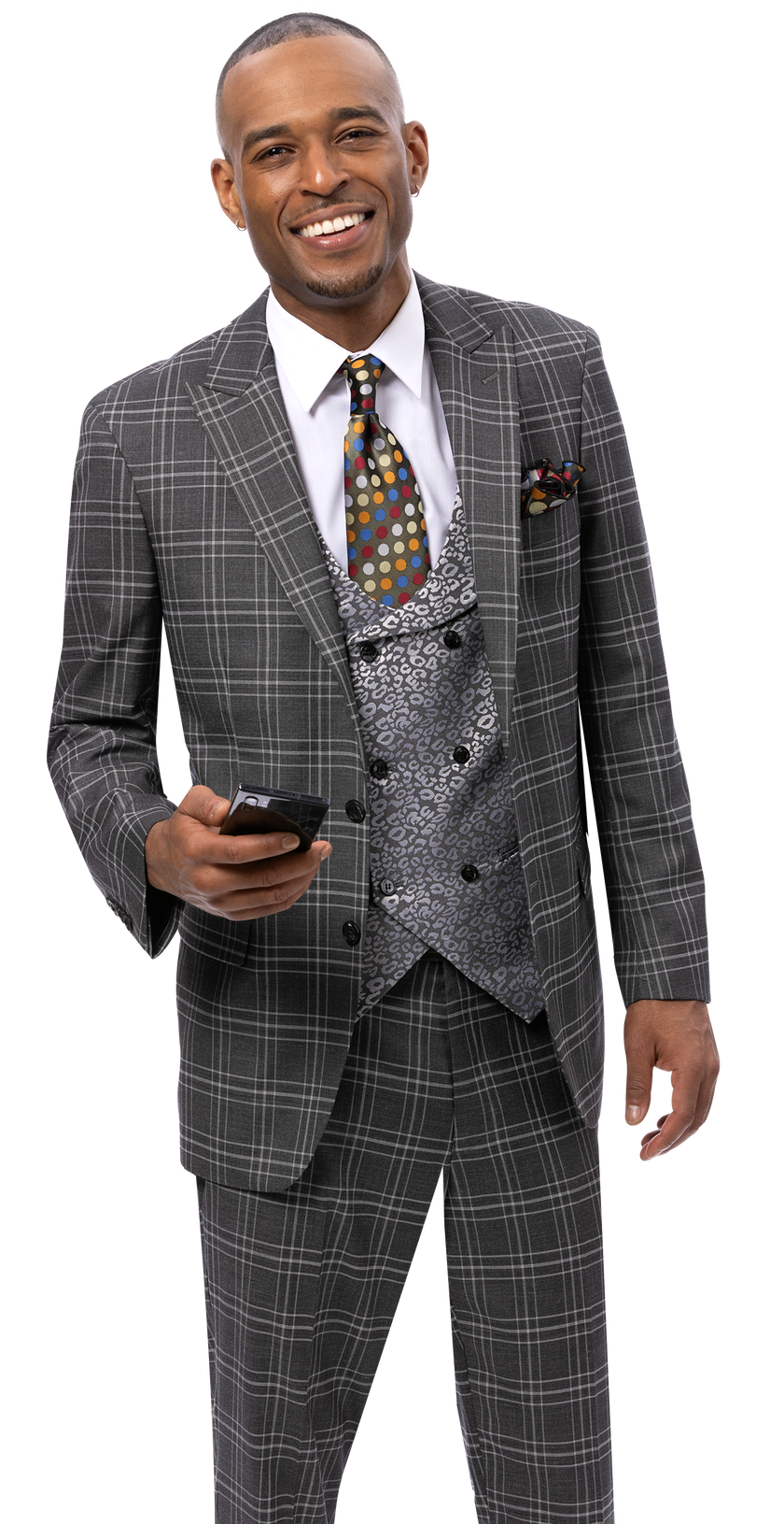 A man wearing the EJ Samuel Gray Suit M2818 by EJ SAMUEL, paired with a stylish vest and colorful tie, smiles while holding a smartphone against a plain white background.