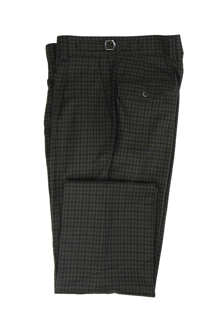 A folded pair of Tiglio Luxe Dark Green with Navy Check Marbella Dress Pants (TL5546), featuring a semi-wide leg fit and a back pocket button, crafted from extra fine wool, is isolated on a white background.