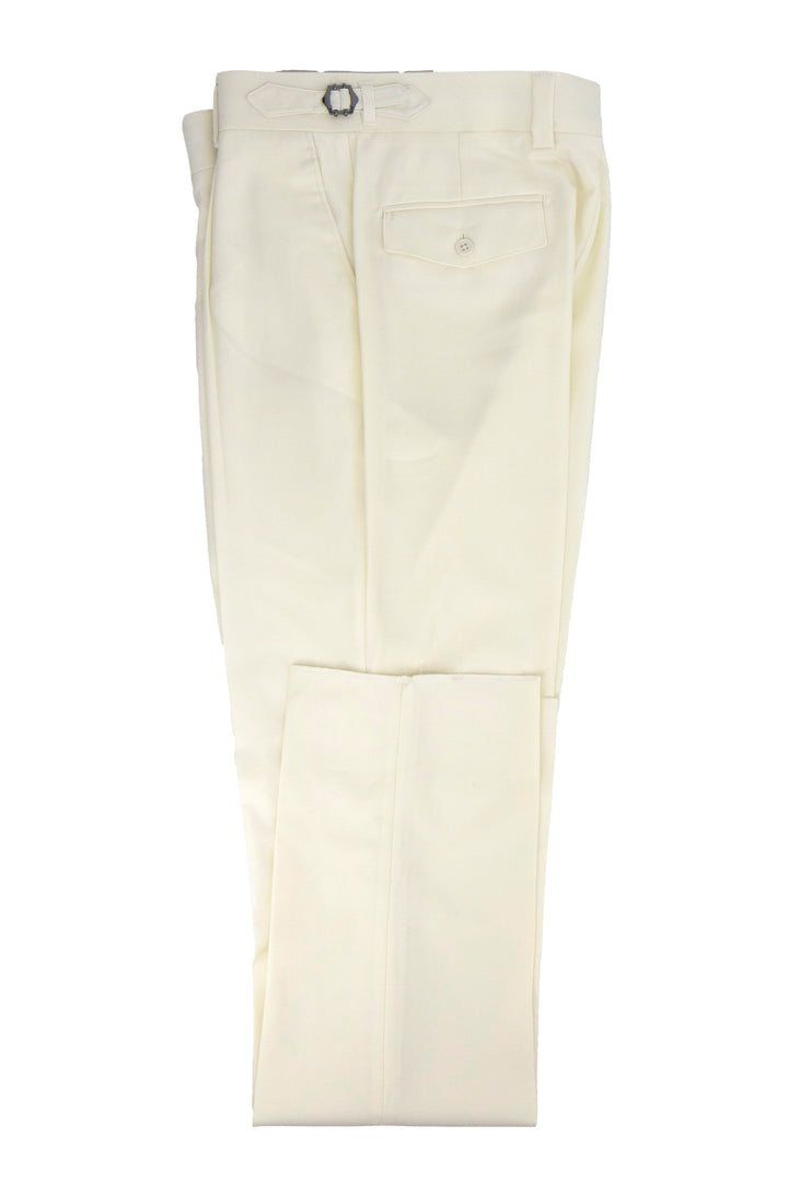 A pair of neatly folded Tiglio Luxe Offwhite Semi-Wide Leg Wool Marbella Dress Pants with a visible back pocket and button, featuring side adjusters for the perfect fit, displayed against a white background.