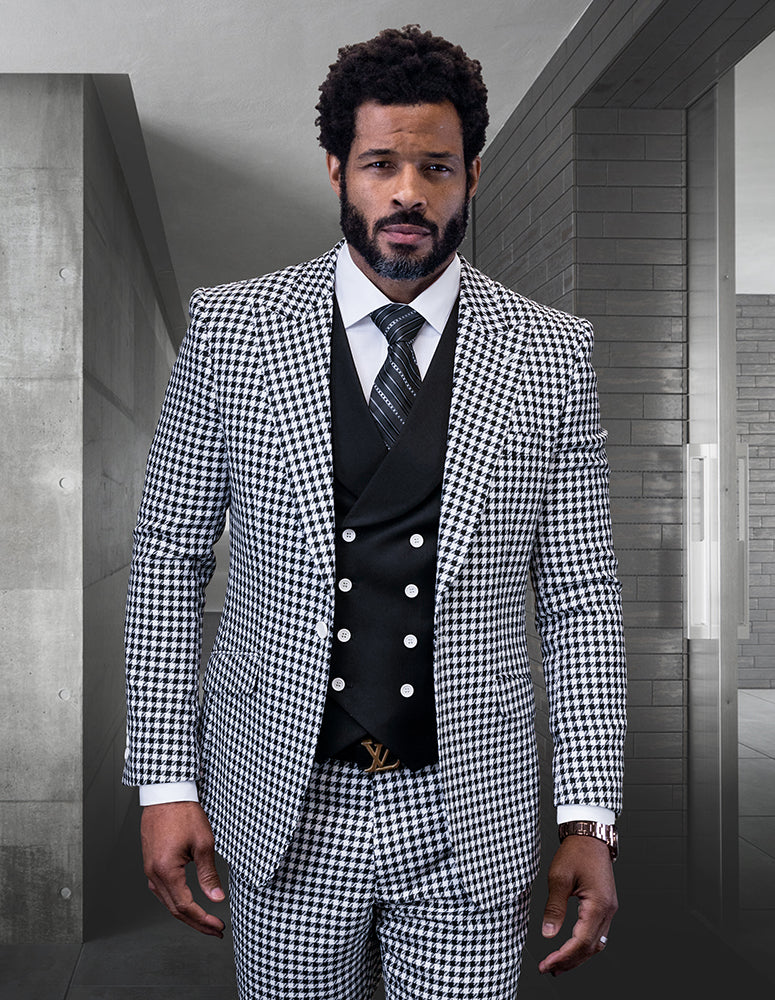 Statement Men's 100% Wool 3 Piece Suit - Checkered Plaid - Black - 52R
