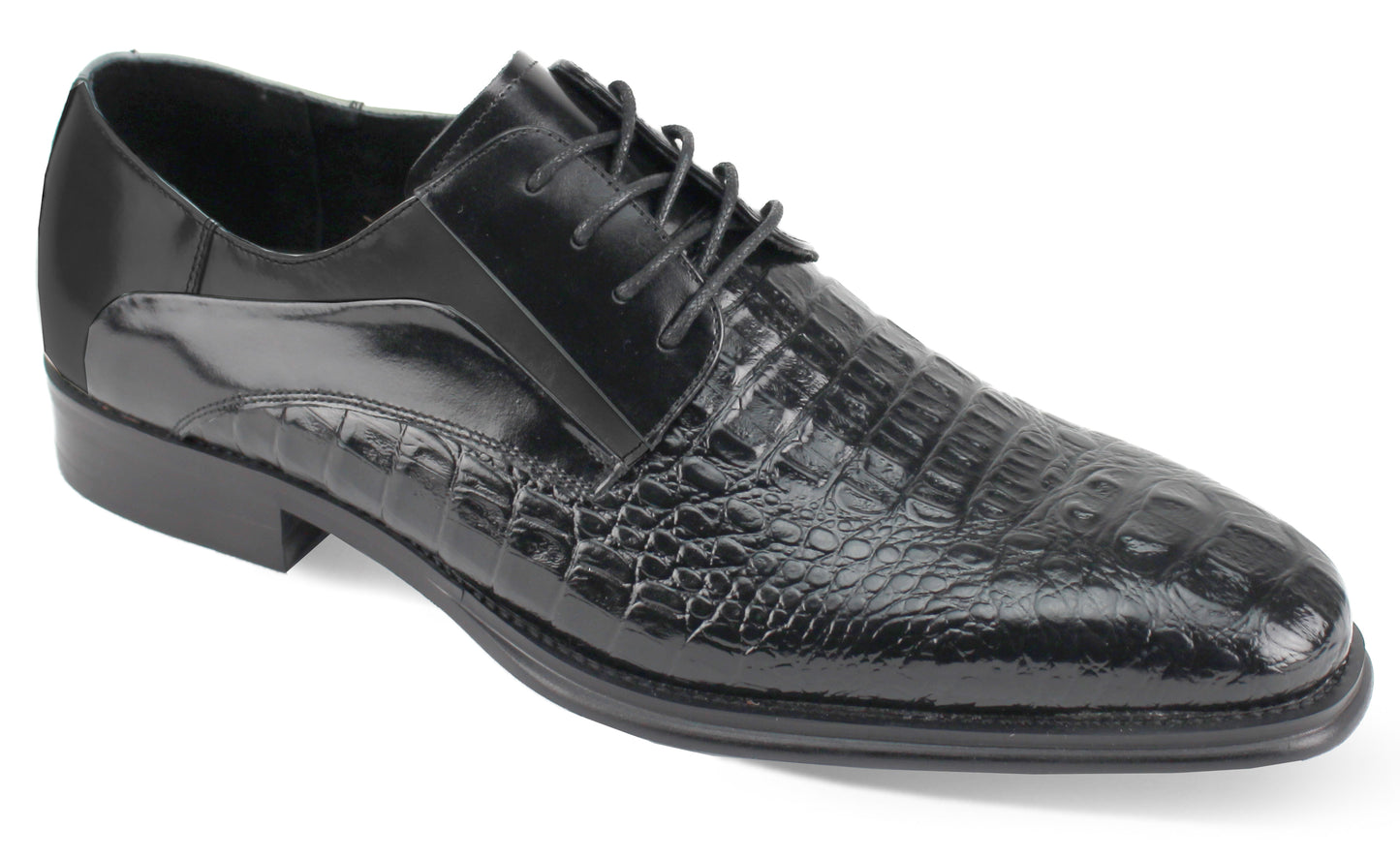 Introducing the Giovanni Mason Black Leather Shoes by GIOVANNI, designed with a stylish crocodile pattern and a plain toe lace-up design.