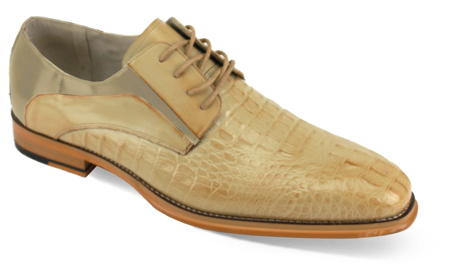 The Giovanni Mason Natural Leather Shoes by GIOVANNI are tan leather dress shoes featuring a plain toe and a crocodile pattern, finished with brown laces.