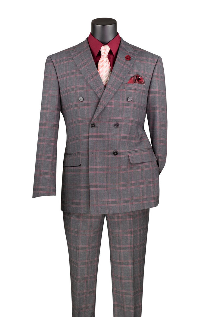 The Vinci Suits Modern Fit Double Breasted Glen Plaid Peak Lapel Suit in charcoal MDW-2 pairs with a burgundy shirt and striped tie for a polished look.