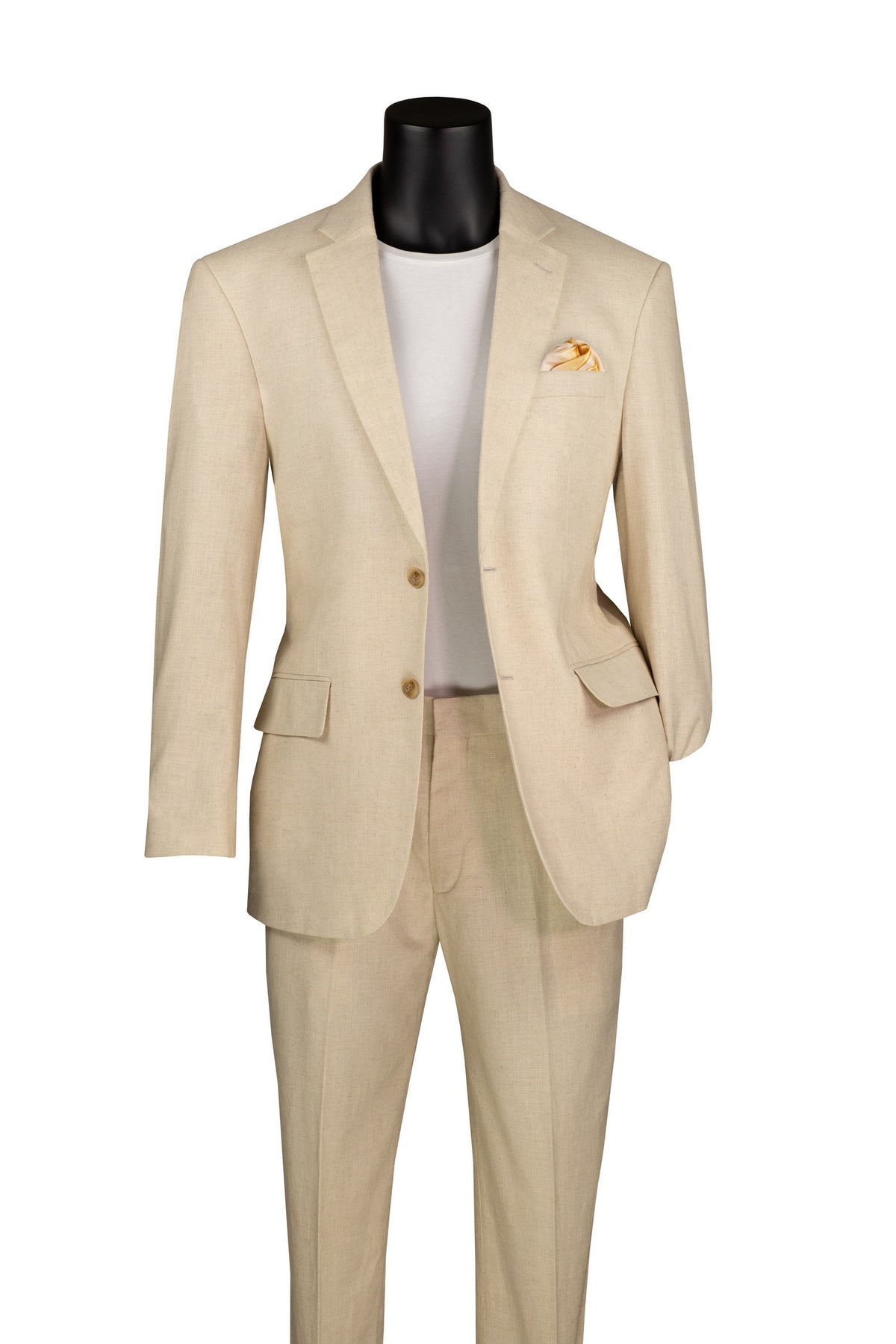 Displayed elegantly on a mannequin against a pristine white background, the Vinci Suits’ Modern Fit 2 Piece suit in tan (MLC-1) includes an adjustable waistband and stretch lining. It's complemented with a white shirt and highlighted by a yellow pocket square.