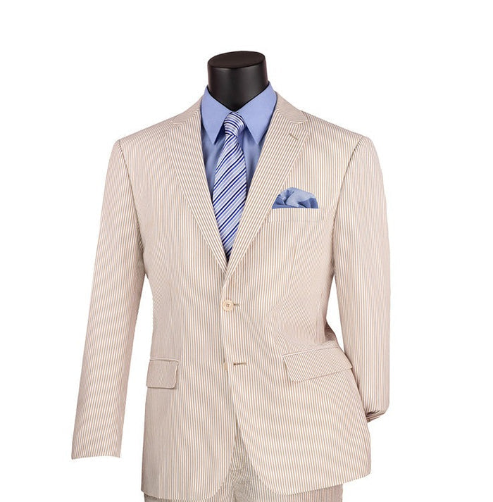 A Vinci Suits mannequin displays the Modern Fit Summer 2 Piece Seersucker Tan suit, paired with a blue dress shirt, striped tie, and a gold pocket square.