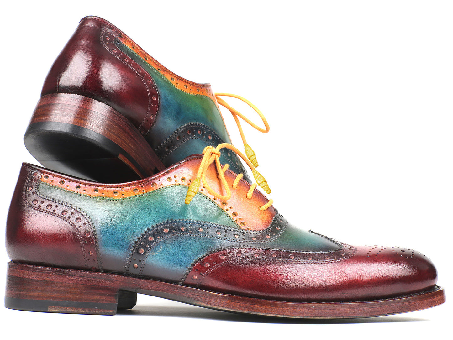 Paul Parkman Wingtip Oxfords Goodyear Welted Multicolor - 027-MIX are handmade men’s shoes featuring multicolored leather, yellow laces, brogue details, and a polished finish for timeless style and quality craftsmanship.