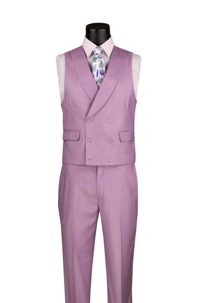 Displayed on a mannequin, the Vinci Suits Modern Fit 3 Piece Suit in lavender includes a white shirt and floral tie, featuring a double-breasted vest, chain accessory, and adjustable waist band pants. It boasts a textured weave for a timeless yet modern appearance.