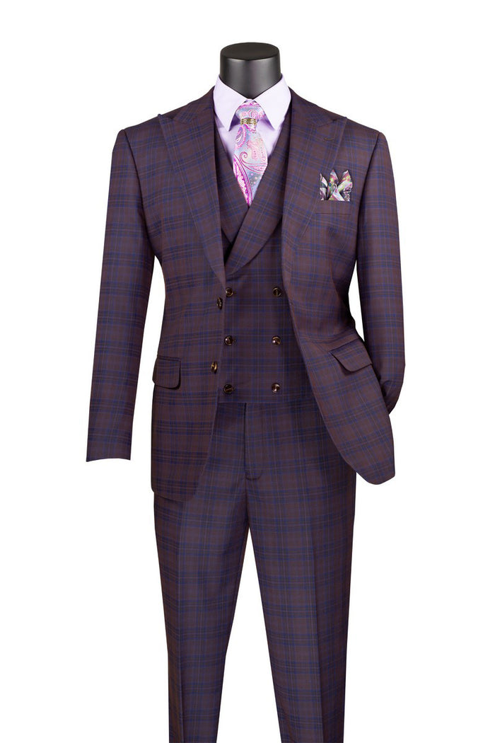 A Vinci Suits mannequin displays the "Modern Fit Windowpane Peak Lapel 3 Piece Suit Purple MV2W-3," a brown plaid suit with a modern fit, complemented by a lilac shirt, paisley tie, and pocket square.