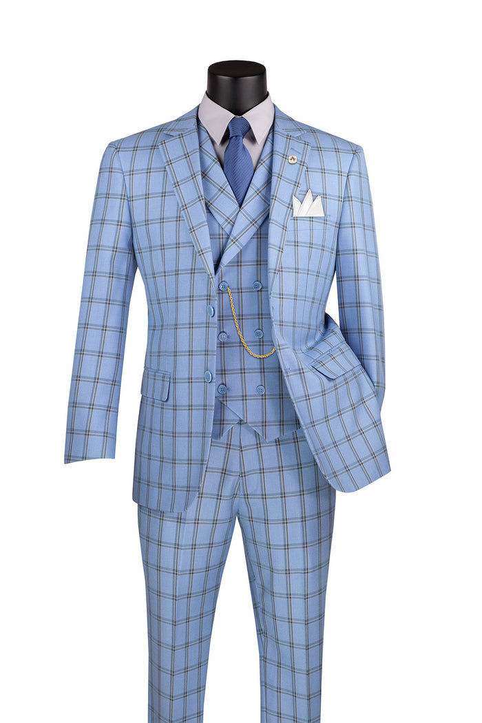 A mannequin displays the Vinci Suits Modern Fit Windowpane Suit 3 Piece Light Blue MV2W-4, crafted from a poly rayon blend in blue. It's paired with a crisp white shirt, matching blue tie, and a chic gold chain.