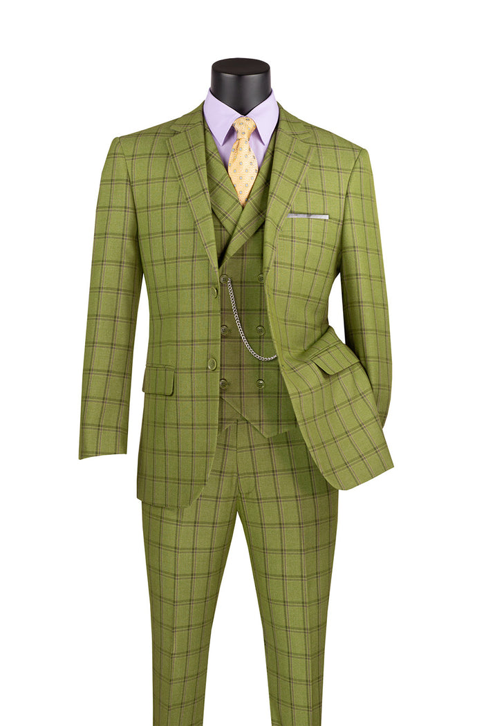 The Vinci Suits Modern Fit Windowpane Suit 3 Piece Moss MV2W-4, featuring a jacket, vest, and pants in green plaid, is paired with a yellow patterned tie and lavender shirt for a luxurious wool feel.