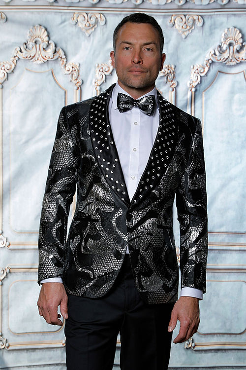 MANZINI MZS-601 Metallic Pattern Rhinestone Tuxedo Suit Black