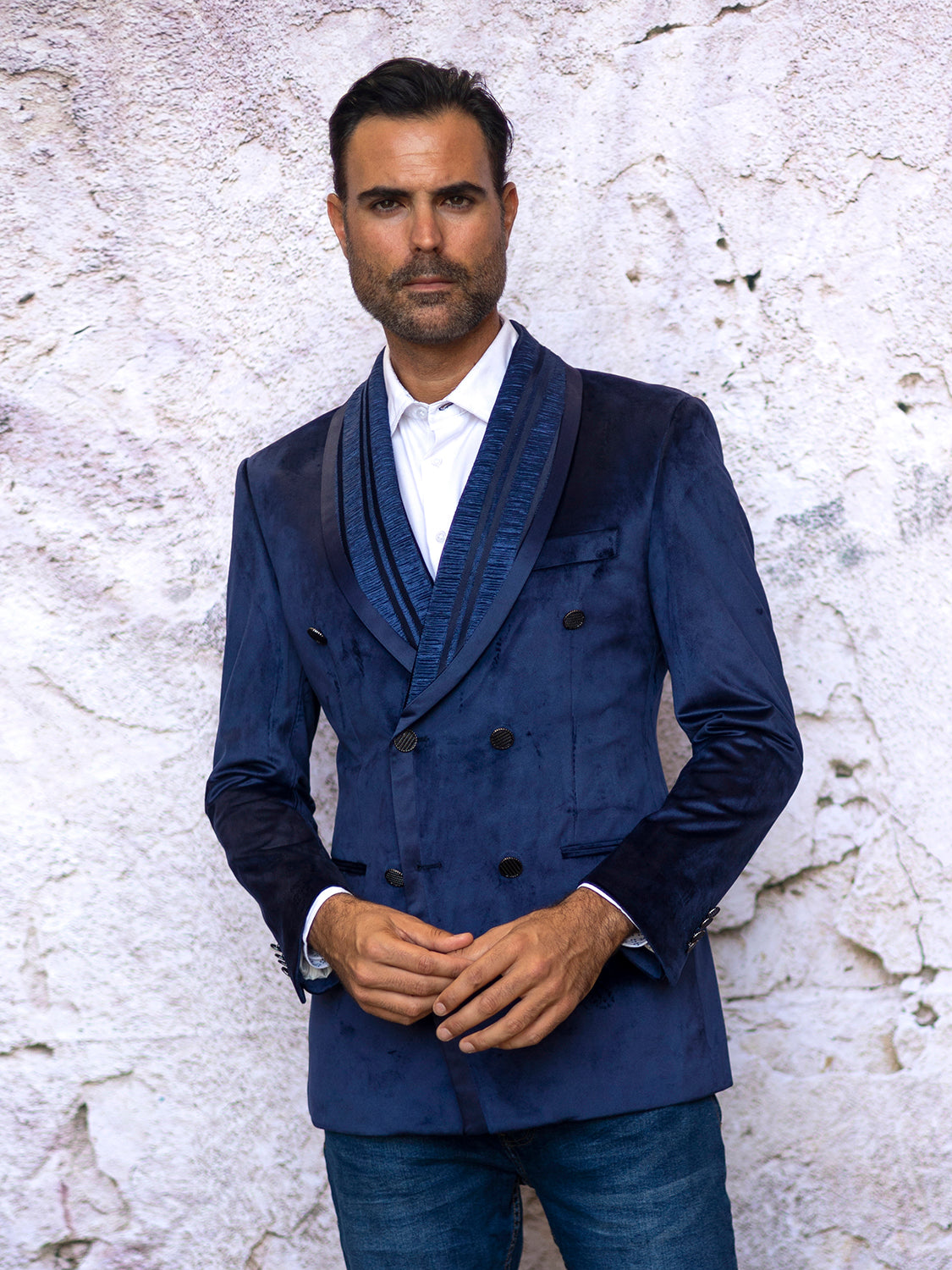 navy dinner dress MANZINI MZV-562 2-Piece Double Breasted Fancy Velvet Dinner Suit Jacket Navy XL