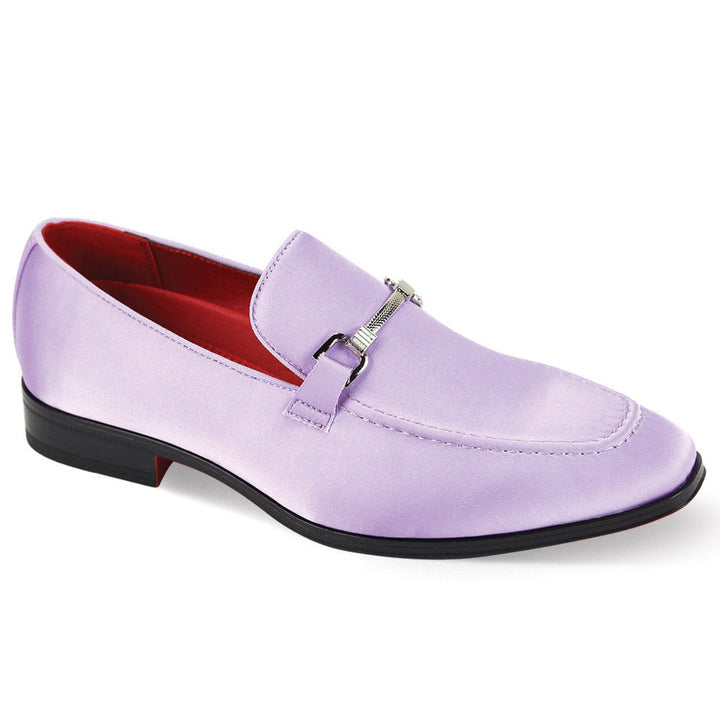 The After Midnight 7018 Lilac Satin Loafer features a sleek buckle, red interior, and black sole. Available in-store.