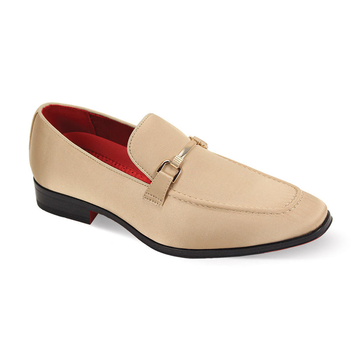 The After Midnight 7018 Champagne Satin Loafer boasts a sleek buckle, black sole, and red interior.