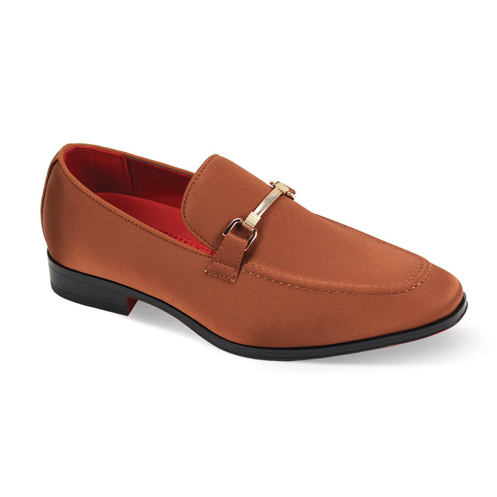The After Midnight 7018 Royal Satin Loafer by AFTER MIDNIGHT features a brown leather design with a black sole, red interior, and sleek side buckle accent.