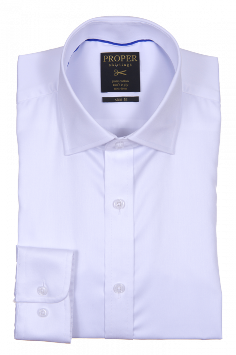 The PROPER SHIRTINGS WHITE SLIM FIT REGULAR CUFF N720SPRX-WHT by Proper Shirtings is a folded white dress shirt crafted from luxurious cotton, featuring a slim fit design and a label inside the collar.