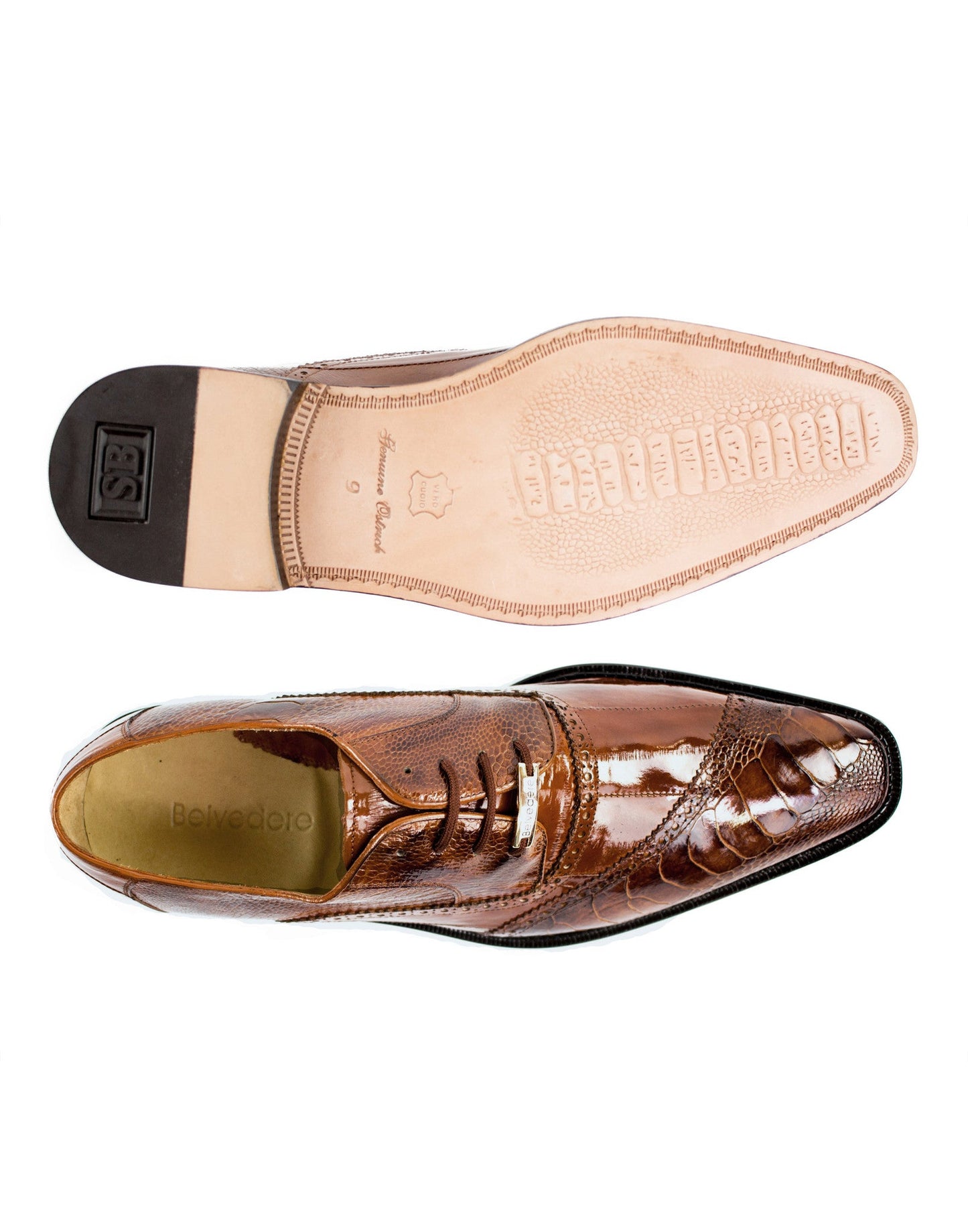 The BELVEDERE Nino dress shoe, shown in profile on a white background, is crafted from genuine ostrich leg and eel leather in Ant. Camel, featuring decorative stitching and a pointed toe.
