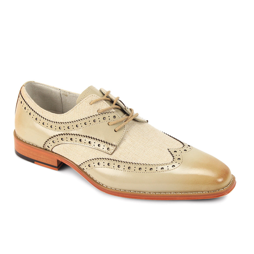 The GIOVANNI Giovanni Nico Natural/Beige Leather Shoes feature a linen upper, genuine leather accents, wingtip lace-up closure, decorative perforations, and a wooden sole with a rubber heel.