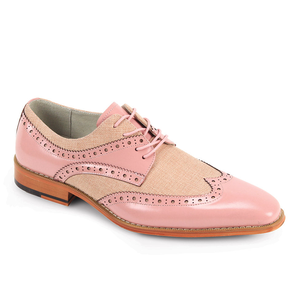 The Giovanni Nico Pink Leather Shoes by GIOVANNI feature pink and beige leather and fabric panels, brogue details, wingtip laces, and a low wooden heel.