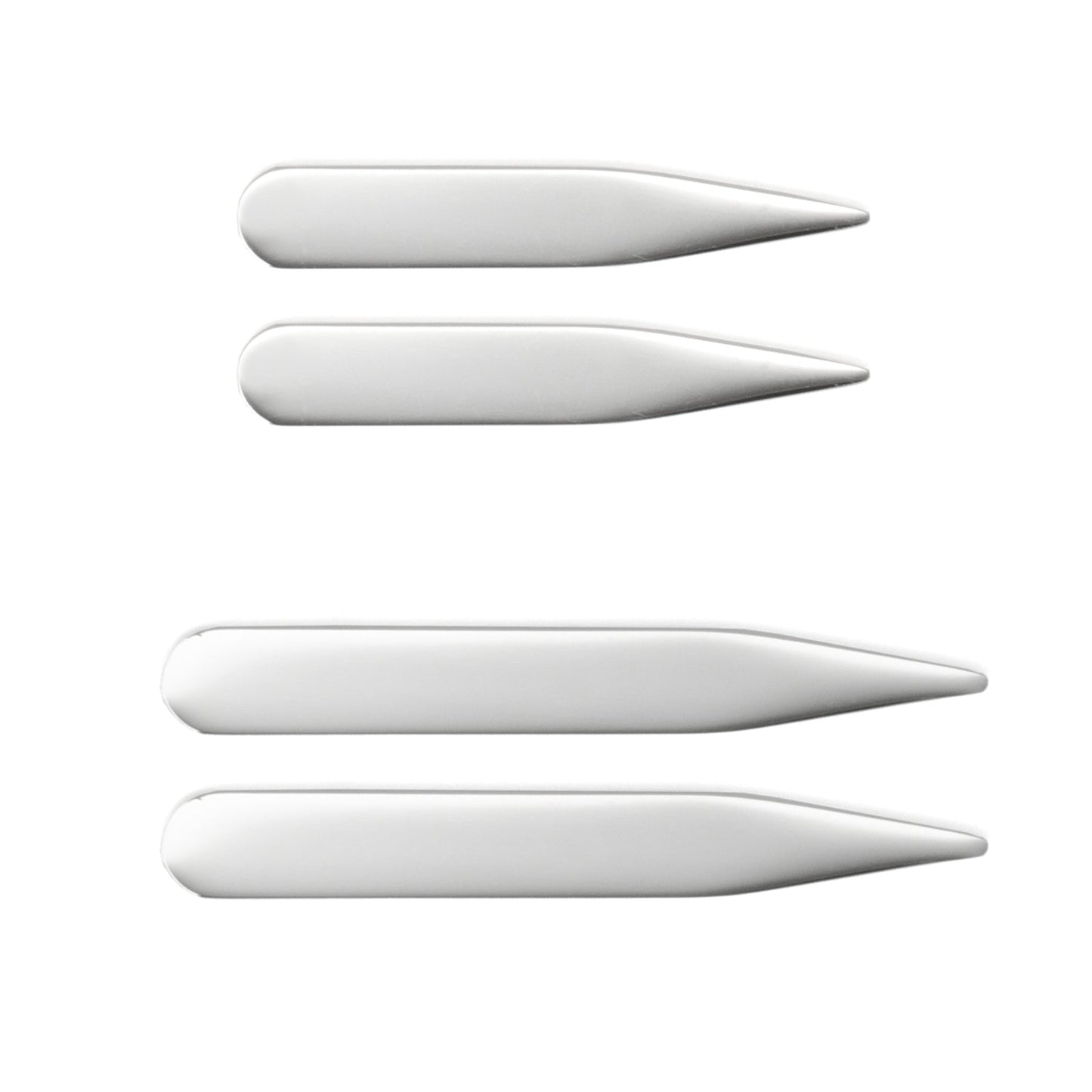 The Collar Stay - 2 Pair Set by Cufflinks.com features four polished stainless steel stays, each engraved with "Ox & Bull" and neatly arranged by size on a white background.