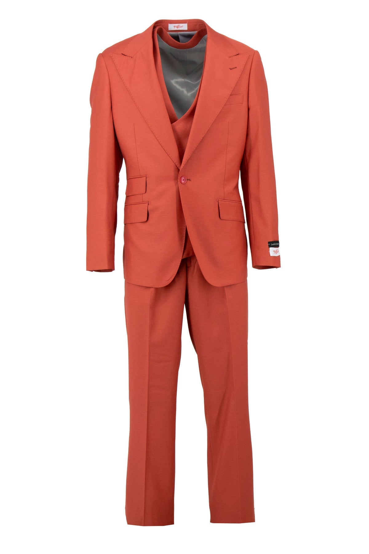 The Tiglio Rosso Orvietto Solid Coral suit from the distinguished Tiglio Rosso collection features a matching vest, gray lining, 100% wool fabric, two front pockets, and a refined single-breasted design on a hangerless mannequin.