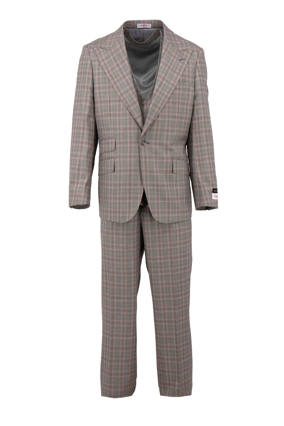 The Tiglio Rosso Orvietto suit, in slate/red glen plaid and made of 100% wool, showcases a single-button jacket with matching semi-wide leg trousers against a blank background.