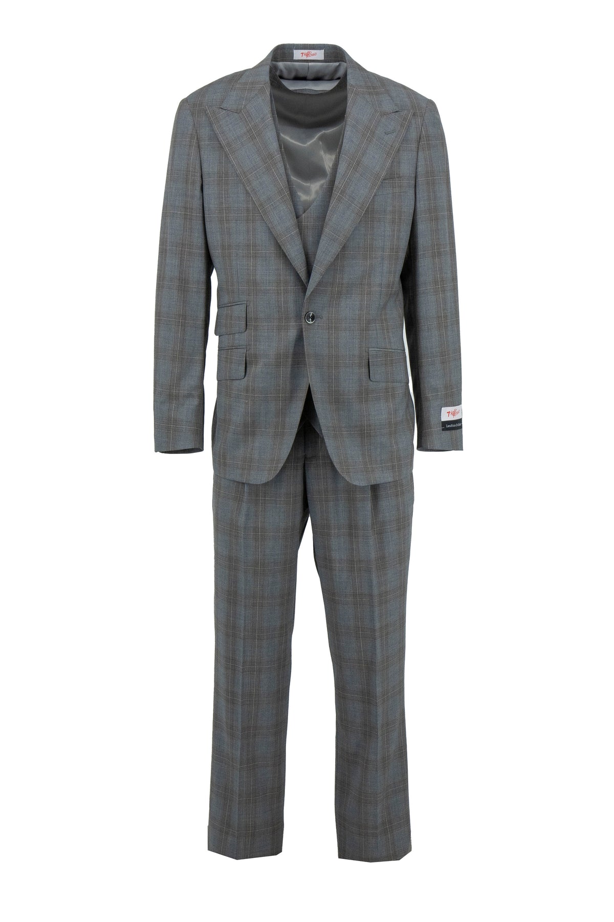 The Tiglio Rosso Orvietto Semi Wide Leg Grey/Brown Windowpane 141.20/1 suit by Tiglio Rosso features a single-breasted, one-button, notch lapel jacket and matching trousers in 100% wool, shown on a white background.